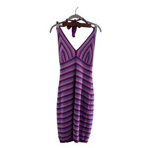 Wild Fable Striped Knit Halter Dress V-Neck Open Back Crochet Boho Rainbow Retro